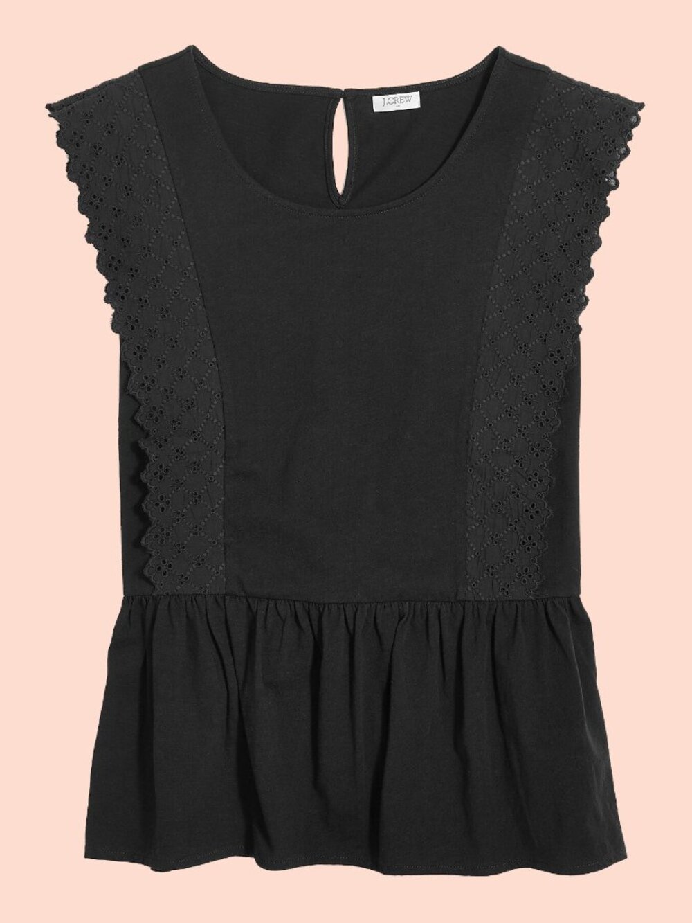 J. Crew Black Peplum Ruffle Top | Broderie Eyelet Side | Sleeveless | Boho | Med